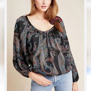 Anthropologie, Maeve Madeira Burnout Black Paisley Satin Blouse, Size Medium